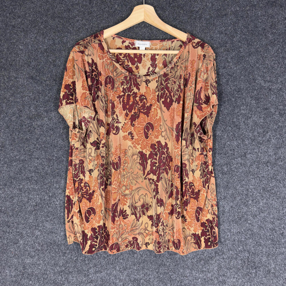 Dressbarn Blouse Women 3X Plus Brown Floral Short Sleeve Round Neck Casual
